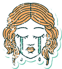 distressed sticker tattoo style icon of female face crying