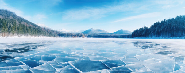 Ice racks on the river in winter time. Iced surface on frozen lake. - obrazy, fototapety, plakaty