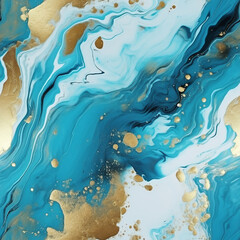 Abstract fluid paint with golden inserts modern background, creative design, acrylic texture liquid art, marble wallpaper, blue flow pattern