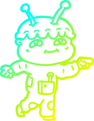 cold gradient line drawing friendly cartoon spaceman pointing