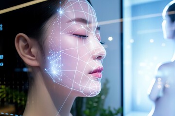 Asian Woman Experiencing Advanced AI Facial Recognition Analysis, Beauty Tech