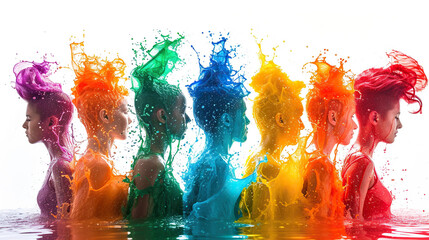 group of multicolor painted people, concept of Belonging Inclusion Diversity Equity DEIB, isolated on white background - obrazy, fototapety, plakaty