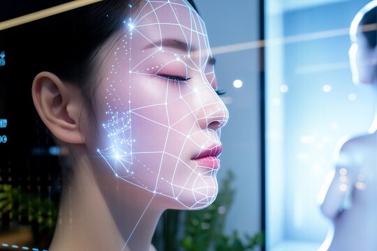 Asian Woman Experiencing Advanced AI Facial Recognition Analysis, Beauty Tech