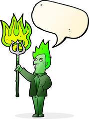 cartoon devil with pitchfork with speech bubble