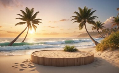 Empty rounded wooden podium for showcasing products in middle of sand and ocean and palms, sea background. Generative AI