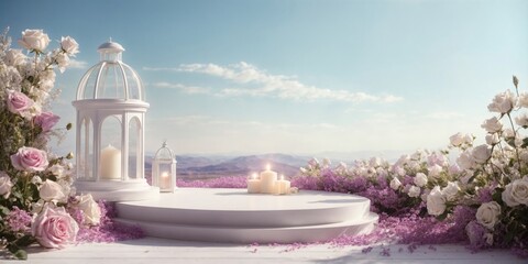 Product podium for product presentation and display with garden white rose, floral summer background podium for cosmetic, with nature and mountains in the background. Generating AI