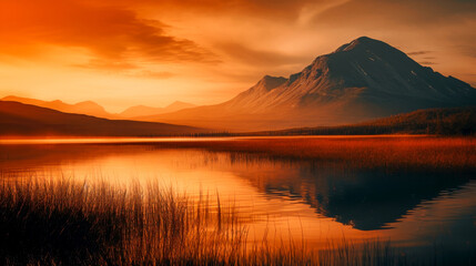Sunset over a peaceful mountain lake, with the sky ablaze in warm orange and red. Peaceful nature and wilderness serenity