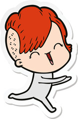 sticker of a cartoon happy hipster girl