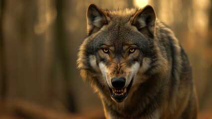 Fototapeta premium Cinematic Wilderness: A Wolf’s Portrait Amidst Dark Woods