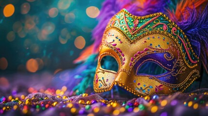 Mardi Gras mask lying on a velvet surface, surrounded by scattered colorful beads and feathers,...