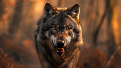 Fototapeta premium Cinematic Wilderness: A Wolf’s Portrait Amidst Dark Woods