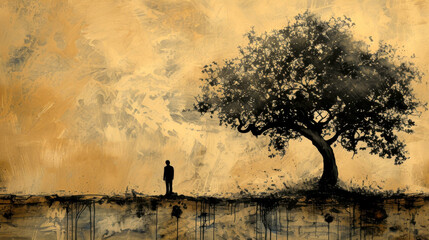 A lone figure standing beneath an expansive oak tree set against a textured golden weathered background. Copy space