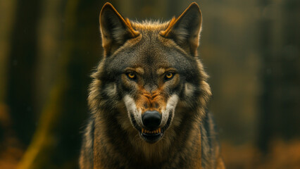 Fototapeta premium Fierce Gaze: An Angry Wolf in a Gloomy Forest