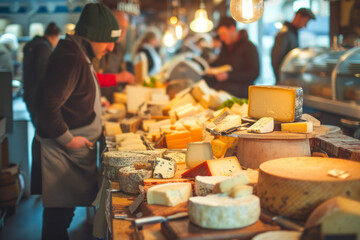 Cheese market hustle, a bustling market scene capturing vendors showcasing various cheeses.