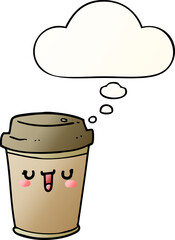 cartoon take out coffee and thought bubble in smooth gradient style