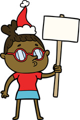 line drawing of a woman wearing glasses wearing santa hat
