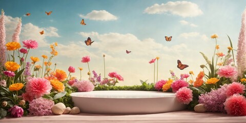 Product podium for product presentation and display with garden summer and spring flowers, floral summer background podium for cosmetic, with nature in the background. Generating AI - obrazy, fototapety, plakaty