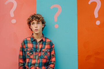 Young pensive boy in casual style attire with question marks over, thoughtful, thinking about question, very confused idea on colorful background. Puzzled. Confusion concept