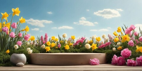 Product podium for product presentation and display with garden summer and spring flowers, floral summer background podium for cosmetic, with nature in the background. Generating AI - obrazy, fototapety, plakaty