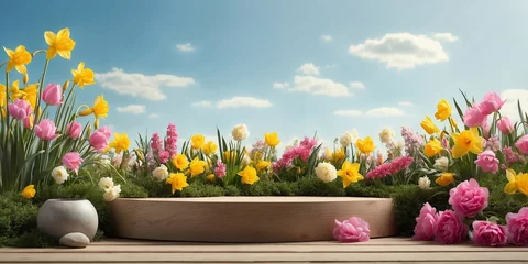 Tuinposter Product podium for product presentation and display with garden summer and spring flowers, floral summer background podium for cosmetic, with nature in the background. Generating AI © Sanita