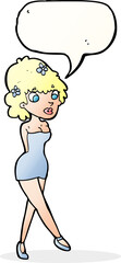 cartoon woman posing in dress with speech bubble