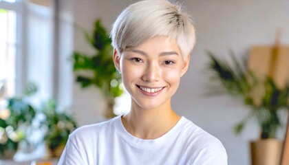 beautiful Asian woman with short pixie haircut in casual tee smiling in a studio, 16:9 widescreen image