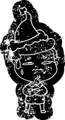 cartoon distressed icon of a anxious man wearing santa hat