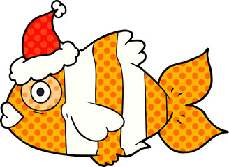 comic book style illustration of a exotic fish wearing santa hat
