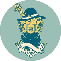 crying orc bard character with natural one D20 roll illustration