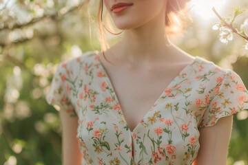 Closeup of a young woman in a floral dress. Generative AI