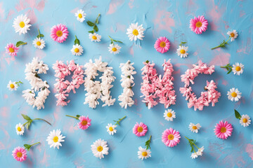 Letters Spring made of flowers in pastel colors. Generative AI