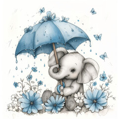 Obraz premium illustration of a cute baby elephant sitting on blue flowers and holding an umbrella in his trunk.