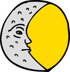 cartoon doodle crescent moon with face