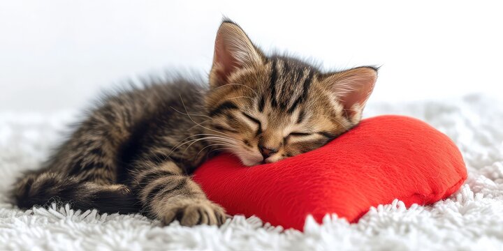Cute, Sad Kitten with Heart-Shaped Pillow! Isolated on Transparent Background - Tender and Heartwarming Scene - Soft Natural Light