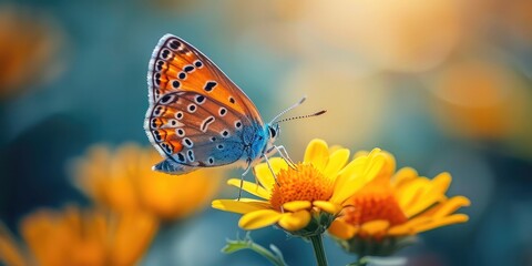 Fototapeta na wymiar Vibrant Butterfly Closeup! Perched on Yellow Flower - Beauty Generated by Artificial Intelligence - Soft Natural Light
