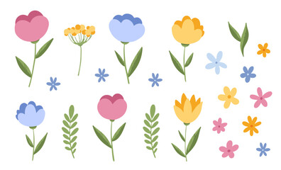 Set of colorful flowers, vector spring clipart, isolated elements on white background. Collection of cute floral elements.