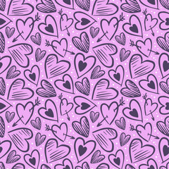 Vector pattern with hand drawn purple doodle hearts, cute design for Valentines day, wrapping paper, gifts, textile design, cards.