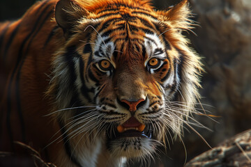 Close-up portrait of a striped tiger on a natural background