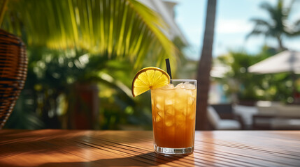Tropic cocktail with orange on the cafe veranda table