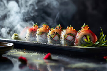 Sushi fusion creativity, an innovative scene showcasing creatively crafted sushi rolls that blend traditional Japanese flavors with international influences.