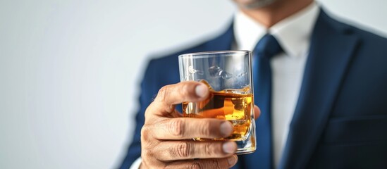 Closeup of a white background featuring a businessman holding a glass of whiskey.