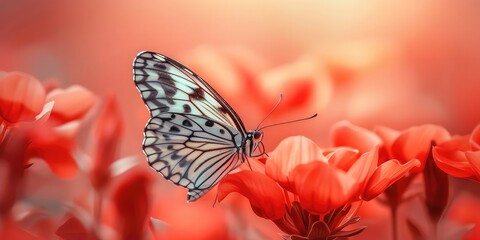 Butterfly on Red Flower Closeup! Gracefully Perched with Softly Blurred Background - Stunning and Serene Moment in Nature - Soft Natural Light