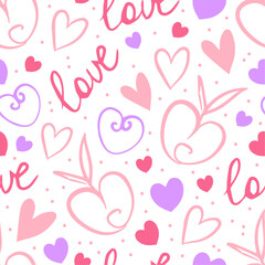 Seamless background with pastel pink hearts and love lettering on white background. Vector doodle seamless pattern with polka dots for wrapping paper, gifts, cards