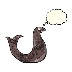 cartoon happy seal with thought bubble