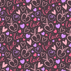 Doodle pattern design with cute hearts, lettering, red and black design for Valentines day on white background. Lovely design for wrapping paper, gifts.