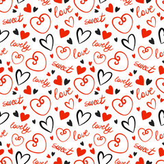 Doodle pattern design with cute hearts, lettering, red and black design for Valentines day on white background. Lovely design for wrapping paper, gifts.