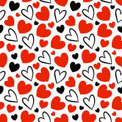Seamless pattern with red and black hearts, hand drawn doodle hearts on white background, Valentines day design for wrapping paper, gift paper, greeting cards.