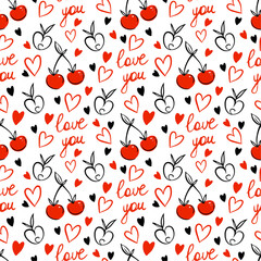 Seamless doodle pattern with hand drawn elements, hearts, red cherries and lettering love you on white background. Romantic vector design for gift paper with expressing feelings.