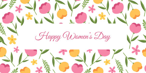 Vector Greeting card for International Women's Day with cute flowers. Simple postcard with greeting text design.