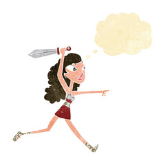 cartoon viking girl with sword with thought bubble